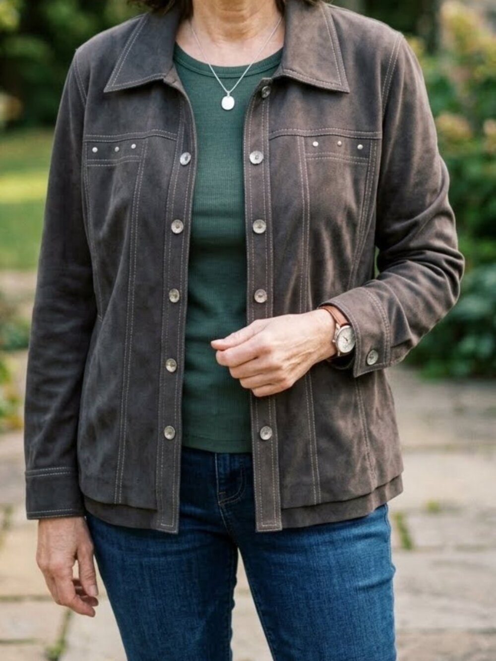 Proportion Petite Conrad Woman's Dark Brown Faux Suede Button Up Shirt Jacket
